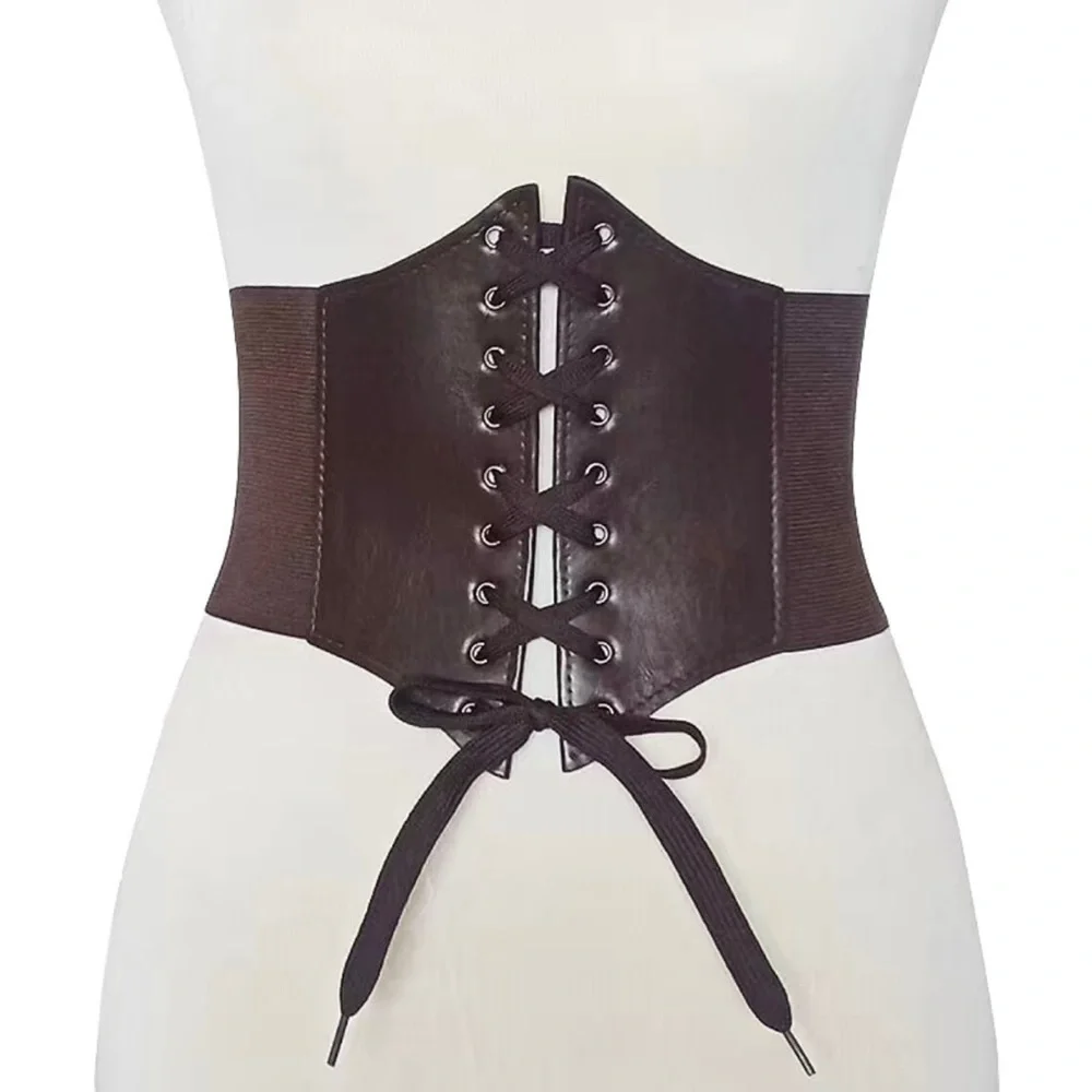 Vintage‎ Style Brown Faux Leather Lace Up Elastic Girdle Casual Wide Waistband